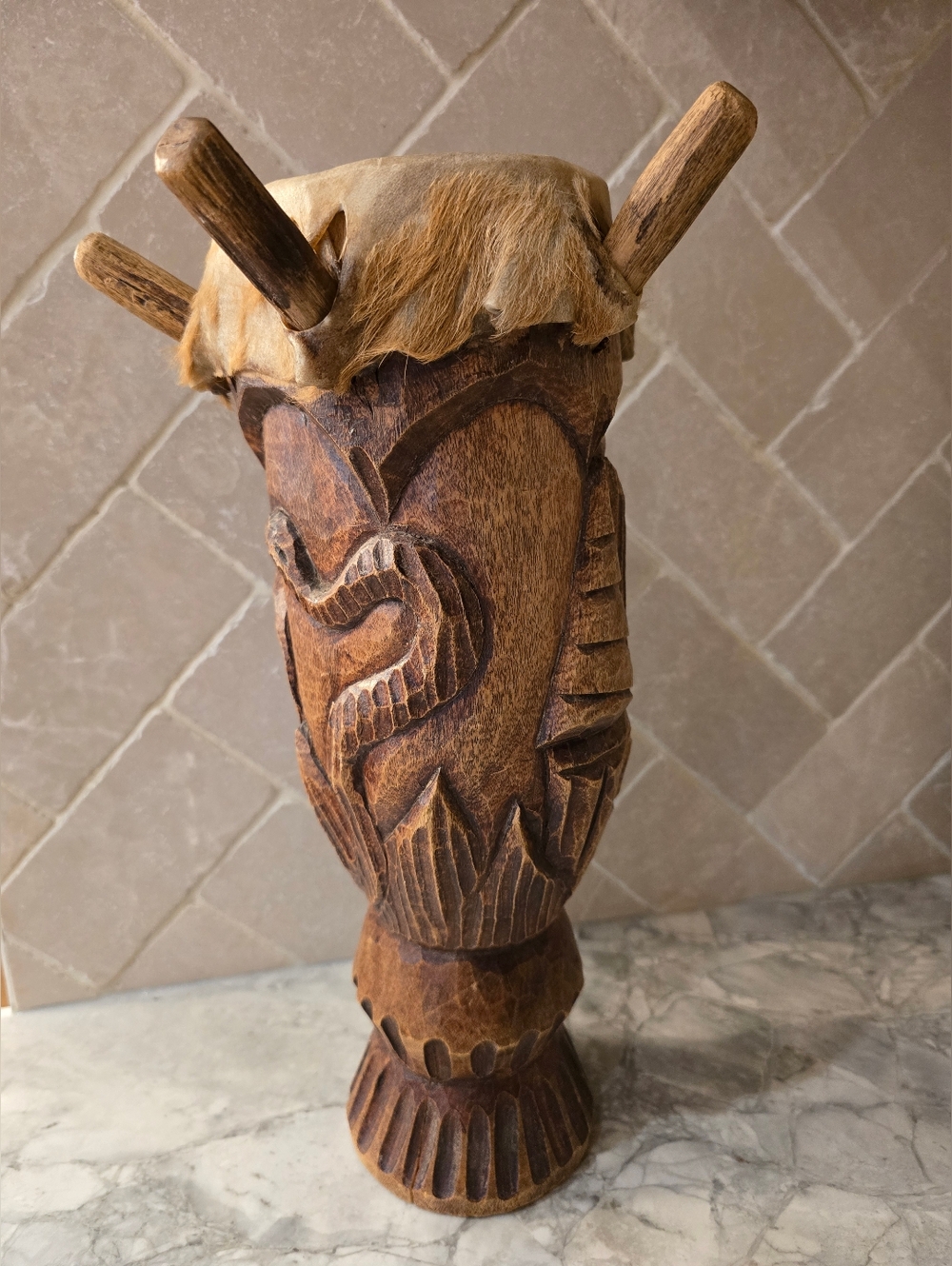 Vintage Folk Art Wooden Peg Drum Animal Hide Top